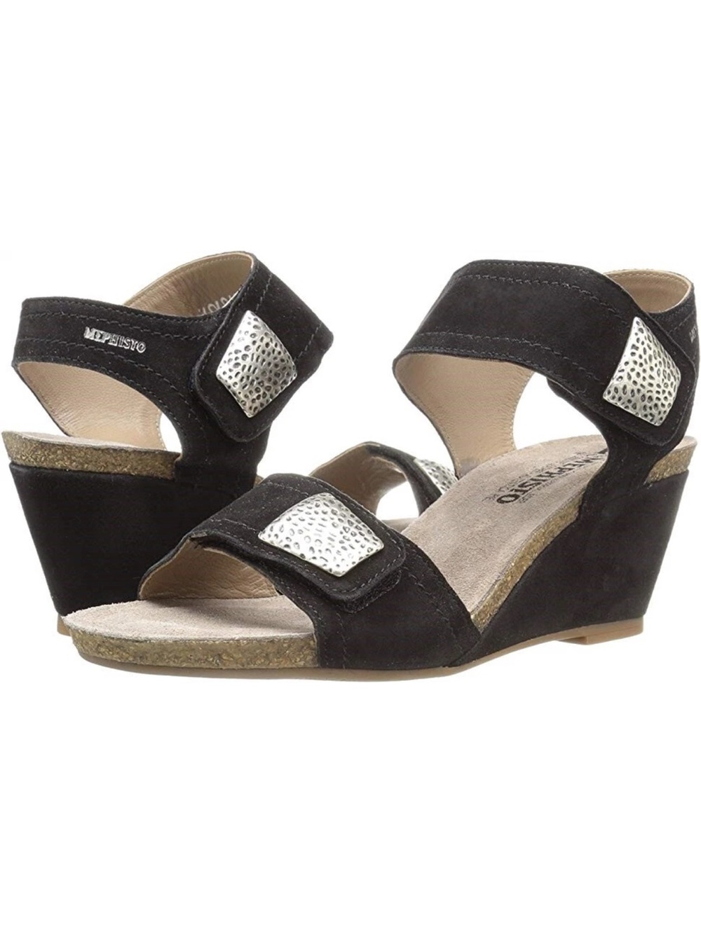 Mephisto Black Jackie Suede Wedge Sandals with Metallic Accent